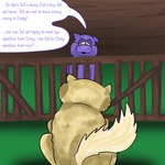 1:1 baby_talk cuddlybloodily daisy_(cuddlybloodily) dialogue duo english_text female feral fluffy_pony fluffy_pony_(species) fur grass hi_res male mammal picket_fence plant purple_body purple_fur shadow sid_(cuddlybloodily) text yellow_body yellow_fur