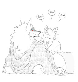 anthro arm_support belly_rub bottomwear cheek_tuft claws cloak clothing daww dialogue duo emanata eyes_closed facial_markings facial_tuft fluffy fur fuzzy half-closed_eyes hand_on_belly happy head_markings head_tuft inner_ear_fluff leaning leaning_backward looking_at_another looking_at_belly looking_at_partner lying male male/male markings mask_(marking) muscular muscular_anthro muscular_male narrowed_eyes neck_tuft on_back pants playful pointy_ears poncho prick_ears red_eyes romantic romantic_couple shirt simple_background size_difference smile speech_bubble text topwear touching_stomach tuft white_background harukaroto dreamworks puss_in_boots_(franchise) death_(puss_in_boots) haru_(haru_karoto) canid canine canis fox mammal wolf monochrome