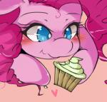 blue_eyes blush cupcake female food fur hair heart_symbol pink_background pink_body pink_fur pink_hair simple_background solo hua113 friendship_is_magic hasbro my_little_pony pinkie_pie_(mlp) earth_pony equid equine horse mammal pony