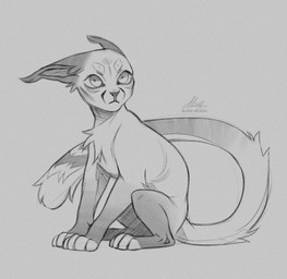 ambiguous_feral ambiguous_gender chest_tuft ear_tuft facial_markings feral head_markings looking_at_viewer markings mouth_closed side_view sitting solo text tuft marie_merkh felid mammal artist_name hi_res monochrome