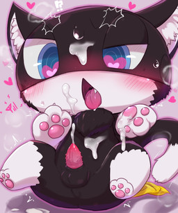 after_masturbation animal_genitalia animal_penis anthro balls biped black_body black_fur blue_eyes blush blush_lines bodily_fluids chest_tuft claws cum cum_on_chest cum_on_face cum_on_ground cum_on_hand cum_on_mask cum_on_self fangs feet feline_genitalia feline_penis finger_claws front_view fur fur_tuft genital_fluids genitals gloves_(marking) handpaw heart_in_pupils heart_symbol hearts_around_head hindpaw hypnosis inner_ear_fluff kerchief_aside leg_markings looking_pleasured male male_anthro markings mask mask_only mind_control multicolored_body multicolored_fur nude nude_anthro nude_male one_eye_half-closed open_mouth paws penile_spines penis plantigrade ringed_eyes shaking shortstack shortstack_male sitting slim slim_anthro slim_male socks_(marking) solo status_effect tail tail_markings teeth tongue_showing tremble_spikes trembling tuft two_tone_body two_tone_fur white_body white_fur badwingm atlus megami_tensei persona_(series) persona_5 sega morgana_(persona) domestic_cat felid feline felis mammal tuxedo_cat 2023 digital_drawing_(artwork) digital_media_(artwork) hi_res shaded soft_shading