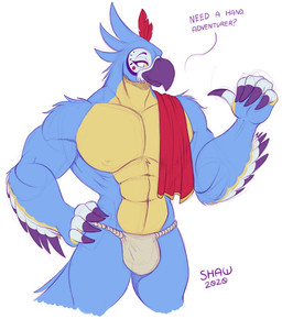 5_fingers abs anthro beak biceps black_beak black_body black_feathers blue_body blue_feathers bottomwear bulge clothed clothing countershade_feathers countershade_torso countershading dialogue feathered_wings feathers fingers front_view gesture hand_gesture loincloth looking_away male multicolored_body multicolored_feathers muscular muscular_anthro muscular_male offscreen_character pecs pointing simple_background skimpy smile solo tail tail_feathers text thick_thighs topless towel towel_around_neck white_background white_body white_feathers wide_hips winged_arms wings yellow_body yellow_countershading yellow_eyes yellow_feathers shaw breath_of_the_wild nintendo the_legend_of_zelda kass_(tloz) avian bird rito 2020 colored_sketch dated english_text signature sketch