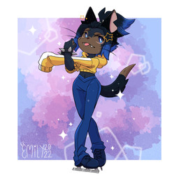 anthro black_body black_fur black_hair blep blue_eyes blue_highlights bottomwear bracelet clothing cropped_sweater dipstick_tail fangs femboy figure_skates fur hair highlights_(coloring) jewelry male markings navel overbite pants slim solo sparkles spiked_bracelet spikes standing sweater tail tail_markings teeth tongue tongue_out topwear yellow_clothing yellow_sweater yellow_topwear emily_erdos dasyurid dasyuromorph mammal marsupial tasmanian_devil 1:1 2022 hi_res signature