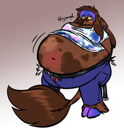 anthro belly belt big_belly bloated blush bottomwear brown_body brown_hair close_to_bursting clothing denim denim_bottomwear denim_clothing eyewear female force_feeding forced glasses glowing glowing_eyes hair hooves huge_belly jeans navel obese obese_anthro obese_female overweight overweight_anthro overweight_female pants puffed_cheeks shirt solo stuffing tied_to_chair topwear wearing_glasses yellow_eyes wingnutxlv winguthings meadow_(winguthings) bovid bovine cattle mammal hi_res