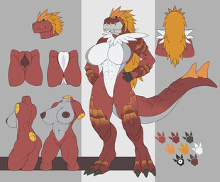 abs anthro big_breasts biped breasts butt claws clenched_teeth fangs female genitals grey_body hair mature_anthro mature_female multicolored_body muscular muscular_anthro muscular_female navel nipples nude open_mouth open_smile orange_hair red_body simple_background smile solo tail teeth vulva white_body white_eyes link2004 nintendo pokemon fossil_pokemon generation_6_pokemon pokemon_(species) tyrantrum digital_drawing_(artwork) digital_media_(artwork) model_sheet