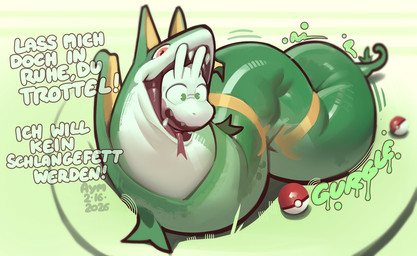 duo feral feral_pred green_body green_eyes oral_vore pokeball text vore aymbord nintendo pokemon generation_5_pokemon generation_6_pokemon goodra pokemon_(species) serperior 2026 german_text translated
