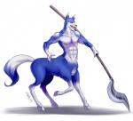 5_fingers abs fingers frown holding_object holding_weapon hooves humanoid_hands male melee_weapon nude open_mouth polearm shadow simple_background snout solo spear teeth weapon yellow_sclera whitephox monster_rancher tecmo canid canine celious_(monster_rancher) centaur_(monster_rancher) mammal monster taur 2015 full-length_portrait portrait signature