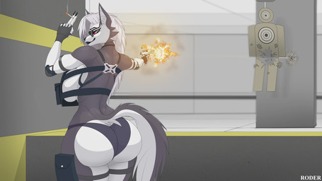 anthro big_butt biped breasts butt cigarette clothed clothing female fur grey_body holding_object holding_weapon looking_at_viewer looking_back panties pupils smile smoking thick_thighs underwear underwear_only weapon wedgie white_body roder hellaverse helluva_boss mythology loona_(helluva_boss) canid canid_demon canine demon hellhound mammal mythological_canine mythological_creature 16:9 hi_res widescreen