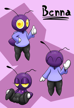 antennae_(anatomy) big_vulva black_body black_skin broken_antennae clothing eyelashes female flat_chested genitals gesture glistening glistening_body gloves grey_body grey_legs grey_vulva half-closed_eyes hand_gesture handwear happy looking_at_viewer mouthless narrowed_eyes nipples orange_pupils pink_background pink_nipples pupils purple_background purple_body purple_skin shortstack shortstack_female simple_background simple_face smile solo spread_legs spreading sweater tail text thumbs_up toony topwear vulva white_clothing white_gloves white_handwear yellow_eyes supermoonshroom benna_the_bug arthropod insect absurd_res character_name hi_res model_sheet shaded