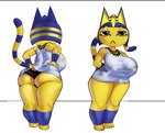 anthro black_clothing black_panties black_underwear blank_expression breasts clothing female fur hand_on_hip jewelry looking_at_viewer necklace nipples pan-african_colors panties shirt solo standing topwear underwear wet wet_clothing wet_shirt wet_topwear yellow_body yellow_fur bigatomics animal_crossing nintendo ankha_(animal_crossing) domestic_cat felid feline felis mammal hi_res