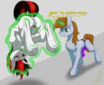 anatomically_correct anus brown_hair butt dildo duo female female/female feral genitals green_eyes grope hair hand_on_butt horn imminent_sex magic magic_aura nude puffy_anus pussy red_eyes sex_toy simple_background strapon bydena fallout_equestria foe:_project_horizons hasbro my_little_pony mythology blackjack_(fallout_equestria) fan_character littlepip equid equine horse mammal mythological_creature mythological_equine pony unicorn absurd_res hi_res