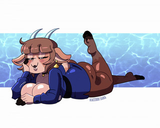 anthro big_breasts big_butt biped breasts brown_hair butt clothed clothing eyelashes female fur hair legwear looking_at_viewer lying pantyhose pupils simple_background smile solo thick_thighs three-quarter_view raccoon_sama animal_crossing nintendo pashmina_(animal_crossing) animal_humanoid bovid caprine humanoid mammal 5:4 animated short_playtime