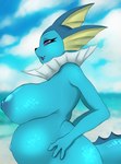 2021 anthro anthrofied areola beach bedroom_eyes belly big_belly big_breasts blue_areola blue_body blue_nipples blue_skin breasts cloud eeveelution eyelashes fangs female fingers frill_(anatomy) generation_1_pokemon half-closed_eyes hand_on_hip hi_res huge_breasts looking_at_viewer narrowed_eyes nintendo nipples nude nude_beach open_mouth open_smile outdoor_nudity outside pokemon pokemon_(species) pokemorph pregnant pregnant_anthro pregnant_female purple_eyes robunii sea seaside seductive sky smile solo standing teeth third-party_edit vaporeon water