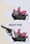 4_fingers ambiguous_gender black_body feral fingers gun handgun holding_gun holding_object holding_ranged_weapon holding_weapon pink_eyes ranged_weapon revolver solo text weapon unknown_artist delet_this nintendo pokemon echinoderm generation_7_pokemon marine pokemon_(species) pyukumuku 2016 english_text meme reaction_image source_request