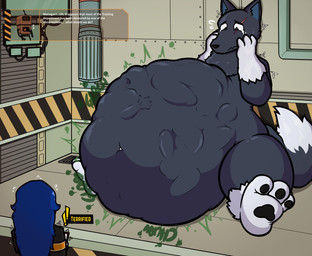 abdominal_bulge ambiguous_gender belly big_belly black_body black_paws bodily_fluids dipstick_tail emanata eye_scar facial_scar gloves_(marking) hand_on_face inside leg_markings markings mass_vore multiple_prey navel onomatopoeia paws rumbling_stomach scar sitting size_difference socks_(marking) sound_effects tail tail_markings tears text vore worried worried_face worried_look mullernaughty28 lobotomy_corporation project_moon big_and_will_be_bad_wolf ambiguous_species canid canine canis human humanoid mammal wolf absurd_res english_text hi_res