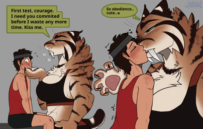 anthro black_bottomwear black_claws black_clothing black_shorts blush bodily_fluids bottomwear breasts claws clothing dialogue duo fangs female female_anthro freckles fur grey_background human_on_anthro interspecies kiss_on_lips larger_female lips long_fangs male male/female male_human mature_female muscular muscular_female orange_body orange_fur pink_paws power_bottom red_clothing red_shirt red_topwear sabertooth_(anatomy) scar shirt shorts simple_background size_difference smaller_male speech_bubble steam striped_body striped_fur stripes sweat teeth text thick_bottom_lip topwear tuft whiskers white_body white_fur moojuicers velka_(moojuicers) felid human mammal prehistoric_species saber-toothed_tiger smilodon 2025 absurd_res digital_media_(artwork) english_text hi_res watermark