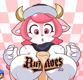 anthro baseball_bat bat_(object) between_breasts big_breasts breasts checkered checkered_background clothing duo female hair hat headgear headwear kemono looking_down mascot object_between_breasts pattern_background pink_eyes pink_hair shirt simple_background solo_focus suggestive text text_on_clothing text_on_shirt text_on_topwear topwear lollipopcon nippon_professional_baseball orix_buffaloes buffalo_bell bovid bovine cattle mammal 2013