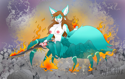 breasts brown_hair cave cavern ear_tuft elemental_manipulation enchanted_item enchanted_sword enchanted_weapon enchantment female fire fire_manipulation flaming_sword flaming_weapon fog foggy_background fur hair head_tuft inner_ear_fluff magic_user melee_weapon multicolored_body multicolored_fur multifur nipple_outline nipples solo sword tuft weapon cthuwulhu dark_souls elden_ring elden_ring_nightreign fromsoftware nightreign sylvia_(cthuwulhu) arachnid arachnid_taur arthropod arthropod_taur canid canine fox hybrid mammal spider spider_taur taur absurd_res hi_res shaded
