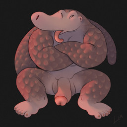 anthro big_penis crouching erection feet genitals glans huge_penis humanoid_feet long_muzzle male narrowed_eyes penis pink_body pink_glans pink_skin pink_tongue plantigrade silly_pose simple_background slightly_chubby slightly_chubby_male solo thick_penis tongue tongue_out ravuer mammal pangolin 1:1 hi_res
