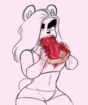 anthro blood bodily_fluids breasts clothed clothing eating fangs female food fur hair meat open_mouth raw_meat simple_background solo teeth fuppfuc69 fupp_(fuppfuc69) bear mammal polar_bear ursine hi_res