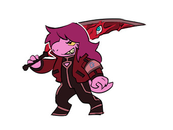 anthro armband black_clothing black_eyes blue_eyes clothing cosplay crossover_cosplay digitigrade eyebrows female flesh full_body_suit hair jacket long_hair melee_weapon pink_body pink_hair red_clothing red_jacket red_topwear short_tail simple_background smile snout solo sword sword_on_shoulder tail the_strongest toothy_grin topwear weapon white_background yellow_sclera ratbuchet deltarune lobotomy_corporation project_moon undertale_(series) gebura_(project_moon) susie_(deltarune) dinosaur prehistoric_species reptile scalie 2026 crossover