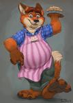 anthro apron baker belly big_belly blue_eyes brown_hair clothing dessert food fur hair male orange_body orange_fur overweight overweight_anthro overweight_male pastry paws pie plantigrade simple_background solo teaselbone disney zootopia gideon_grey canid canine fox mammal red_fox true_fox 2018