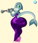 anthro big_butt brass_instrument butt clothing dress female fish_tail footwear green_eyes grey_body high_heels huge_butt hyper hyper_butt musical_instrument shoes solo tail trumpet wind_instrument vanillabeangoat fish marine shark hi_res