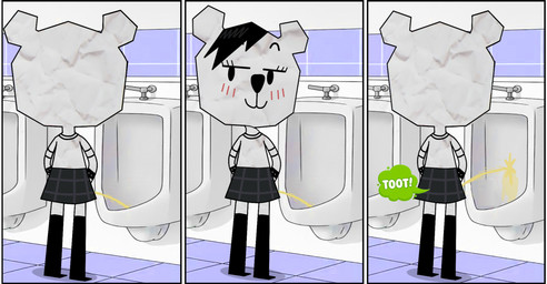 alternative_fashion ankh ankh_necklace anthro bathroom black_eyes blush blush_lines bodily_fluids casual_urination clothed clothing dialogue emo emo_haircut fart fart_fetish female first_person_view genital_fluids goth head_turned jewelry loli looking_at_viewer looking_back necklace paper peeing public public_restroom rear_view smile smug smug_face smug_grin solo steam text urinal urine voyeur voyeur_pov white_body young young_anthro anonymous_artist cartoon_network the_amazing_world_of_gumball teri_(tawog) bear mammal paper_creature 2026 comic digital_drawing_(artwork) digital_media_(artwork) hi_res