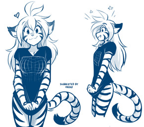 anthro biped bottomless bottomless_anthro bottomless_female breasts butt clothed clothed_anthro clothed_female clothing covering covering_crotch eyebrow_through_hair eyebrows female fingers flat_chested fur fur_tuft grin hair heart_symbol humor looking_at_viewer markings optical_illusion partially_clothed partially_clothed_anthro partially_clothed_female shirt shirt_only simple_background smile solo star_polygon striped_markings striped_tail stripes tail tail_markings teeth topwear topwear_only translucent translucent_hair tuft white_background conditional_dnp tom_fischbach twokinds flora_(twokinds) felid keidran mammal pantherine tiger 2026 blue_and_white hi_res monochrome sketch