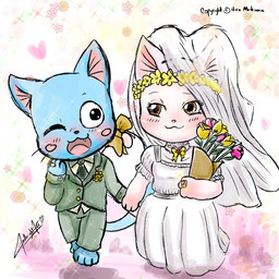 accessory anthro black_eyes blue_body blue_fur blush blush_stickers bouquet boutonniere brown_eyes chibi choker clothing cuff_links digit_ring dress duo female flower flower_bouquet flower_crown fur furgonomics hand_holding heart_symbol jewelry long_tail male male/female necklace one_eye_closed plant pointy_ears prick_ears ribbons ring romantic romantic_ambiance romantic_couple sparkles suit tail tail_accessory tail_ribbon veil walking wedding wedding_dress wedding_ring wedding_veil white_body white_fur wink redbright_(artist) fairy_tail charle_(fairy_tail) happy_(fairy_tail) domestic_cat exceed felid feline felis mammal 1:1 hi_res