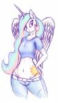 anthro anthrofied clothed clothing cutie_mark feathered_wings feathers female hair horn long_hair markings navel smile solo sun_(marking) white_body white_feathers wings weasselk friendship_is_magic hasbro my_little_pony mythology princess_celestia_(mlp) equid equine mammal mythological_creature mythological_equine winged_unicorn 2015