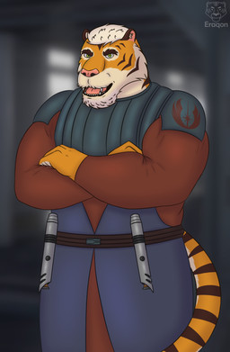 anthro armor beard belt facial_hair fangs fur green_eyes hair inner_ear_fluff jedi lightsaber looking_at_viewer male markings melee_weapon open_mouth orange_body orange_fur simple_background snout solo striped_body striped_markings striped_tail stripes tail tail_markings teeth tuft weapon white_beard white_body white_facial_hair white_fur white_hair eraqon star_wars star_wars:_the_clone_wars nick_(eraqon) felid mammal pantherine tiger hi_res