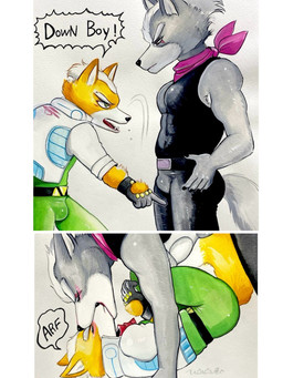 anthro arf big_muscles big_pecs blush bulge clothing duo eye_scar facial_scar fur gesture green_eyes grey_body grey_fur hand_gesture kissing lying male male/male muscular muscular_anthro muscular_male on_back pecs pointing pointing_down scar scarf shirt simple_background snout tank_top tight_clothing topwear yellow_body yellow_fur ulala_ko down_boy_(meme) nintendo star_fox fox_mccloud wolf_o'donnell canid canine canis fox mammal wolf 2025 3:4 hi_res traditional_media_(artwork)