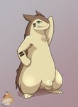 animal_genitalia anthro balls biped brown_body brown_fur chest_tuft fur genitals green_eyes male presenting_balls presenting_sheath sheath slightly_chubby solo tuft codyf0xx nintendo pokemon risen furret generation_2_pokemon hybrid pokemon_(species) typhlosion shaded