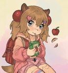 accessory apple backpack blue_eyes clothed clothing female food fruit fully_clothed hair_accessory hairpin juice_box legwear looking_at_viewer plant solo thigh_highs young gorarati humanoid mammal mustelid otter hi_res