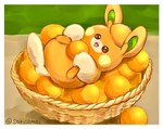 ambiguous_gender feet_up feral food fruit fur in_basket lying on_back orange_(fruit) orange_body orange_fur plant solo sakisamoi nintendo pokemon generation_9_pokemon mammal pawmi pokemon_(species) rodent 2023 artist_name