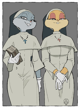anthro bedroom_eyes book buckteeth clothed clothing cross cross_necklace crossdressing duo eyelashes female femboy fully_clothed fur gloves grey_body grey_fur half-closed_eyes handwear holding_book holding_object jewelry long_eyelashes looking_at_viewer male narrowed_eyes necklace neutral_expression nun nun_habit religious_clothing seductive simple_background smile smiling_at_viewer tan_body tan_fur teeth matchattea looney_tunes warner_brothers bugs_bunny lola_bunny lagomorph leporid mammal rabbit portrait three-quarter_portrait