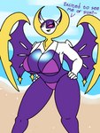 anthro anthrofied big_breasts breasts clothed clothing cosmic_flesh eyeshadow female looking_at_viewer makeup purple_body simple_background smile solo swimwear text thick_thighs wings enderbendr nintendo pokemon luna_(endrslendr) bat generation_7_pokemon legendary_pokemon lunala mammal pokemon_(species) 3:4 digital_media_(artwork)