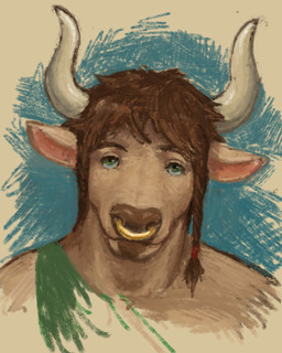anthro brown_body brown_fur brown_hair clothing ears_up eyebrows facial_piercing fur green_clothing green_eyes green_robe hair horn looking_at_viewer male nose_piercing nose_ring piercing ring_piercing robe solo reynard_goodfellow nikos_bell bovid bovine cattle mammal 4:5 hi_res