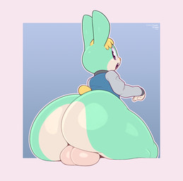 anthro backsack balls big_balls big_butt blonde_hair blue_background border bottom_heavy bottomless bottomless_anthro bottomless_male butt clothed clothed_anthro clothed_male clothing countershading femboy fur genitals green_body green_fur hair huge_balls huge_butt huge_hips huge_thighs looking_at_viewer looking_back looking_back_at_viewer male male_anthro open_mouth open_smile simple_background smile solo text thick_thighs topwear topwear_only white_body white_border white_countershading white_fur wide_hips frumples animal_crossing nintendo sasha_(animal_crossing) lagomorph leporid mammal rabbit 2021 artist_name dated digital_drawing_(artwork) digital_media_(artwork)