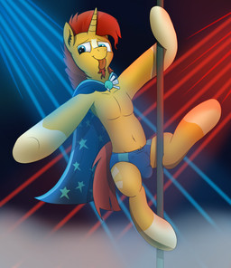 beard blue_clothing blue_underwear briefs bulge cape clothed clothing dancing detailed_bulge facial_hair feral horn lights looking_at_viewer male navel pole pole_dancing smoke solo tongue tongue_out topless underwear tacomytaco friendship_is_magic hasbro my_little_pony mythology sunburst_(mlp) equid equine mammal mythological_creature mythological_equine unicorn absurd_res hi_res