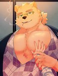 anthro asian_clothing cigarette clothing duo east_asian_clothing eyewear first_person_view fur glasses grope human_pov japanese_clothing kimono male pec_grope pecs pov_hands smoking smug white_body white_fur bone_color919 lifewonders tokyo_afterschool_summoners leib_(tas) bear human mammal polar_bear ursine hi_res