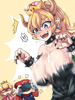 alternate_species bare_shoulders being_watched blonde_hair blue_eyes blush bodily_fluids bouncing_breasts breasts camera claws clothing crossgender crown disgust ear_piercing electronics female gloves group hair handwear hat headgear headwear horn humanoid_pointy_ears humanoidized long_hair looking_at_another male motion_blur open_mouth phone piercing pointy_ears sharp_teeth shell super_crown sweat teeth text text_on_clothing text_on_hat text_on_headwear raynotw bowsette_meme mario_bros nintendo bowser mario princess_peach animal_humanoid human humanoid koopa mammal scalie 2018 3:4 hi_res meme