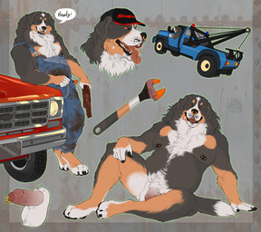 anthro balls body_hair car chest_hair clothing erection facial_piercing flaccid foreskin genital_piercing genitals hat headgear headwear humanoid_genitalia humanoid_penis looking_at_viewer male male_anthro mechanic multiple_angles musclegut muscular muscular_anthro muscular_male neck_tuft nipple_piercing nipples nose_piercing nose_ring nude nude_anthro nude_male open_mouth open_smile overweight overweight_anthro overweight_male penis penis_piercing piercing prince_albert_piercing pubes ring_piercing sitting smile solo speech_bubble standing tail teeth text tight_foreskin tongue tongue_out tools truck tuft vehicle wrench chubchow bernese_mountain_dog canid canine canis domestic_dog mammal molosser mountain_dog swiss_mountain_dog 2023 english_text hi_res