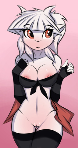 alternate_species anthro blush breasts clothing female fur furrification genitals hair horn legwear looking_back nipples red_eyes solo stockings vulva white_body white_fur white_hair white_horn twiren helltaker goat_lucifer_(helltaker) bovid caprine goat mammal digital_media_(artwork) hi_res shaded
