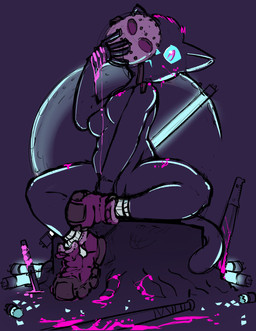 :< anthro baseball_bat bat_(object) black_background black_body black_fur blood blood_on_body blue_sclera bodily_fluids breasts clothing colored_blood crescent_moon featureless_breasts female footwear footwear_only fur glass_shards glowing highlights_(coloring) hockey_mask holding_mask horror_(theme) looking_at_viewer machete mask medium_breasts melee_weapon moon mostly_nude neon neon_lights pink_blood pink_eyes pink_highlights pose shoes shoes_only simple_background sitting sitting_on_stump sneakers socks solo sports_mask sportswear stare stump thick_thighs tube unusual_blood unusual_bodily_fluids weapon high5art night_in_the_woods mae_borowski domestic_cat felid feline felis mammal 2025 absurd_res digital_drawing_(artwork) digital_media_(artwork) full-length_portrait hi_res portrait restricted_palette