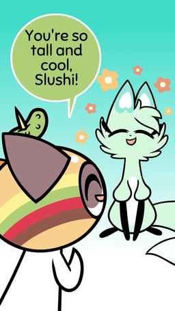 anthro blue_body blue_eyes blue_fur blue_hair blush chibi clothing costume dialogue duo female female/female feral food_costume fur hair light_body light_fur looking_pleasured mottled piebald simple_background smile speech_bubble text kyrakupetsky carolina_reynoso_(va) vivian_nweze_(va) chikn_nuggit cheezborger_(chikn_nuggit) slushi_(chikn_nuggit) calico_cat canid canine domestic_cat felid feline felis fox mammal 2021 2d_animation 9:16 animated digital_media_(artwork) english_audio english_text hi_res short_playtime sound video voice_acted