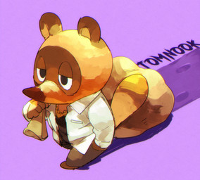anthro biped bottomwear brown_body chibi clothing humanoid_hands kemono male money_bag pants shirt simple_background solo topwear masshiro animal_crossing nintendo tom_nook_(animal_crossing) canid canine mammal raccoon_dog tanuki 2021