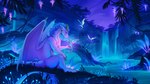 ambiguous_gender anthro bioluminescence blue_body blue_fur blue_mane fur glowing grass horn lake mane membrane_(anatomy) membranous_wings plant solo tree waterfall white_body white_fur wings yellow_horn zhurzh mythology dracowyn_(dragonhuan) dragon furred_dragon furred_scalie mythological_creature mythological_scalie scalie hi_res