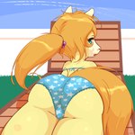 accessory anthro big_butt bikini blonde_hair blue_bikini blue_clothing blue_eyes blue_sky blue_swimwear butt camel_toe chair clothing contrail day detailed_background dipstick_ears ear_markings female frilly frilly_bikini frilly_clothing frilly_swimwear furniture glistening glistening_hair glistening_tail grass hair hair_accessory hair_tie high-angle_view legs_together looking_at_viewer looking_back lounge_chair lying multicolored_ears on_front open_mouth outside plant ponytail rear_view relaxing sky solo star_print swimwear tail tail_aside two-piece_swimsuit young young_anthro maverick sunny_(maverick) equid equine horse mammal pony 1:1 2020 hi_res